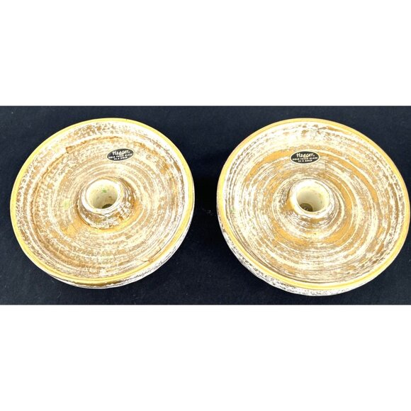 Haeger Gold Tweed Glaze Candleholders 22kt Lot of 2 Ceramic 4" Tall Wood Base - Picture 3 of 12